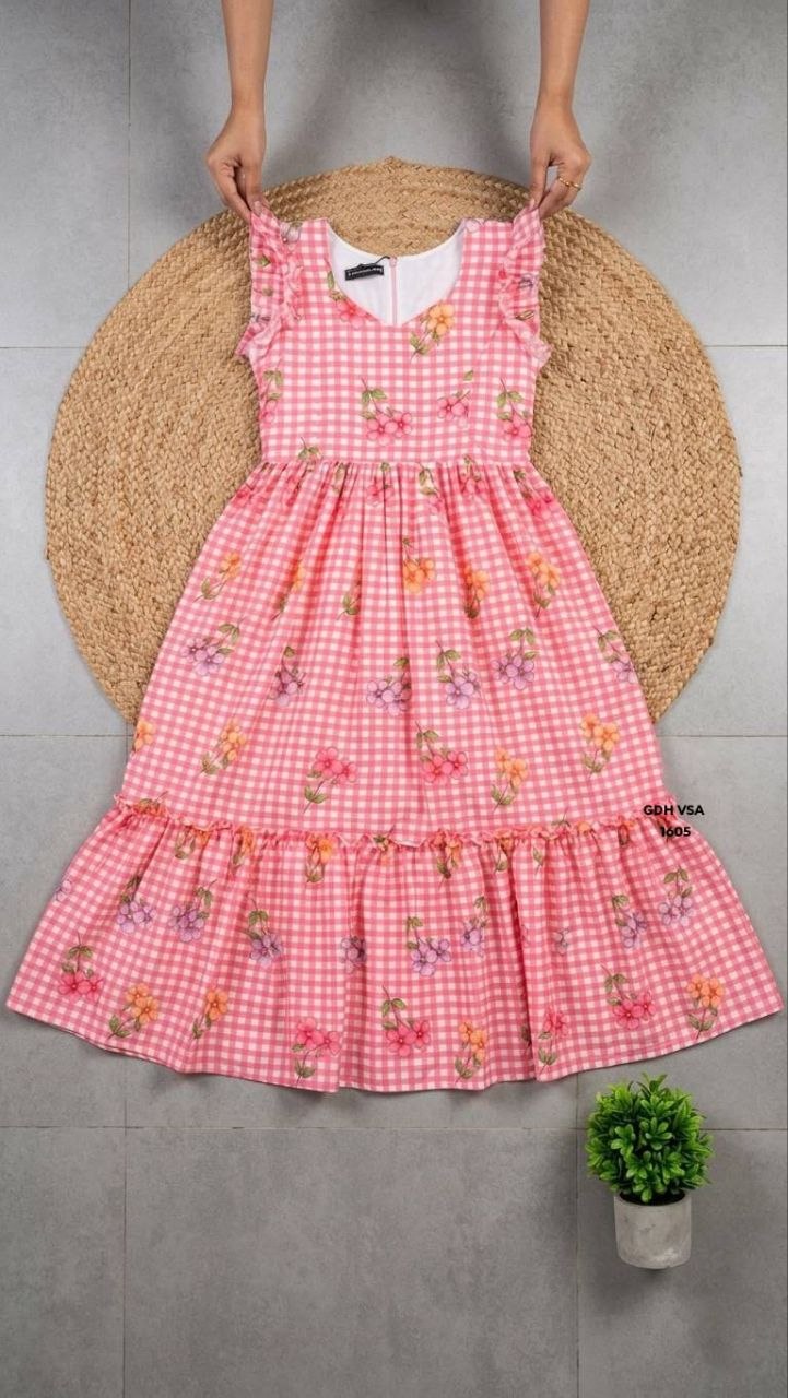 Gingham Floral Cotton Maxi dress - Pink